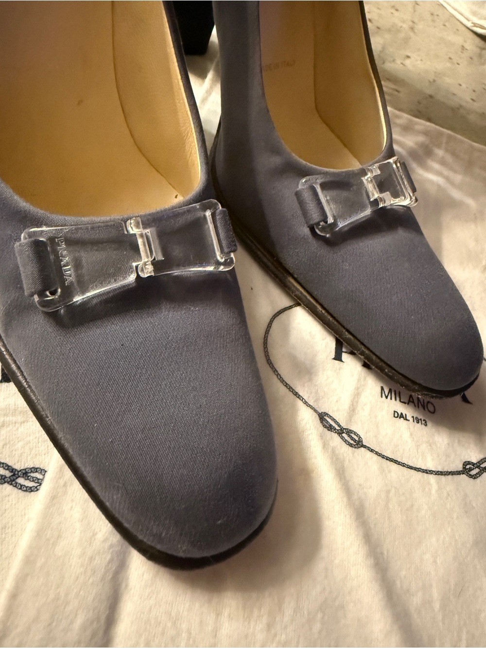 Prada Slate Po de Soie Satin Block-Heel Pumps - Picture 7 of 9